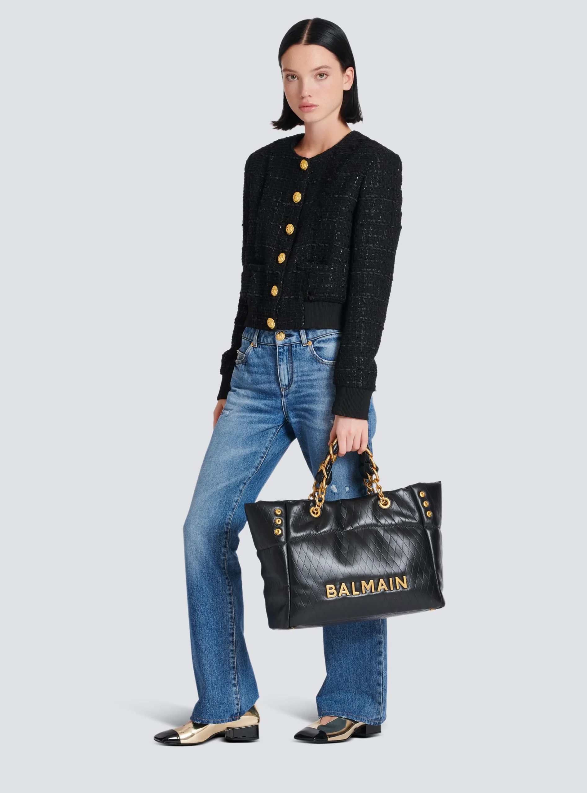 1945 Soft Tote Bag In Embossed Calfskin With A Grid Motif-Balmain Best