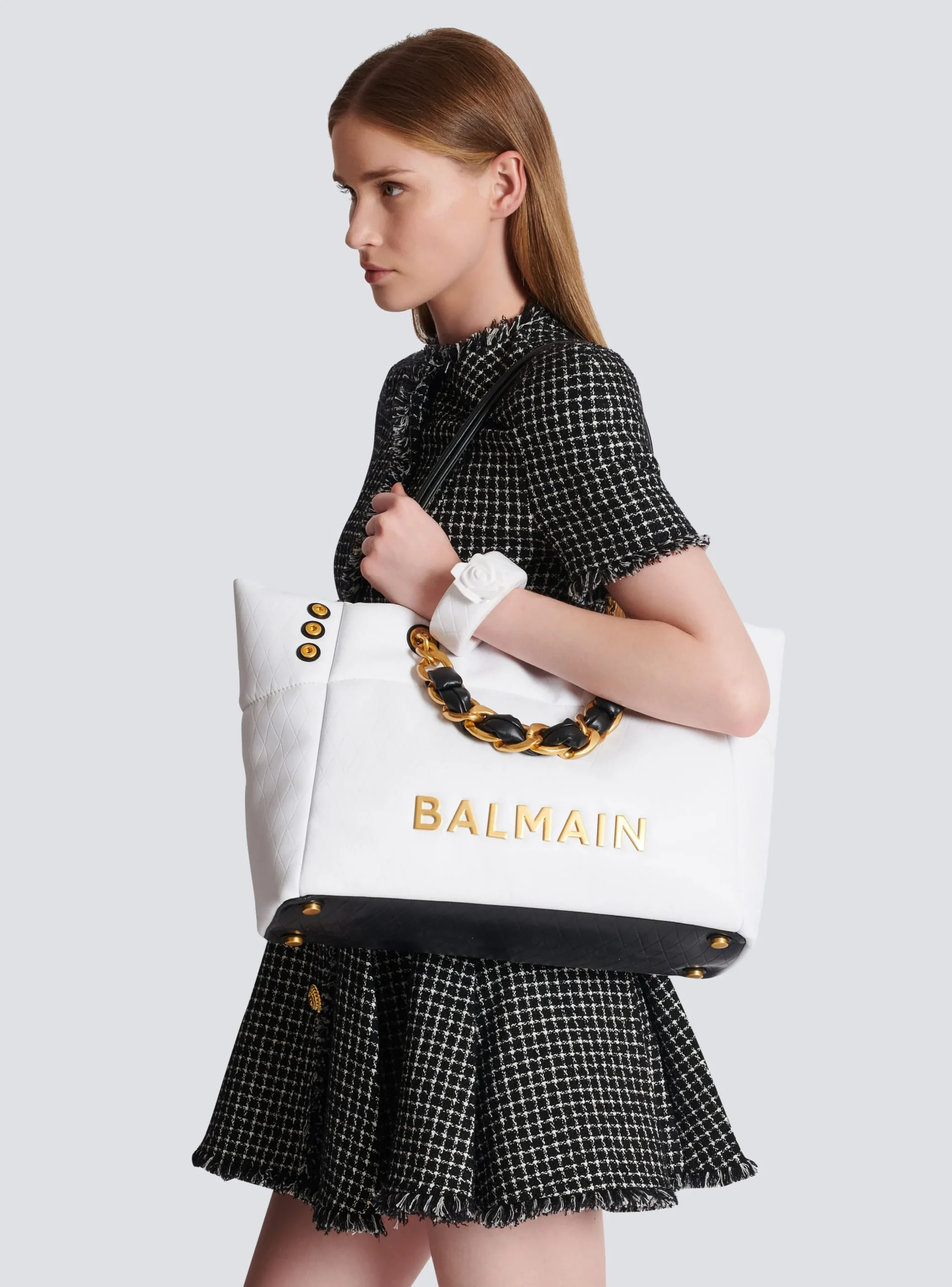 1945 Soft Tote Bag In Embossed Calfskin With A Grid Motif-Balmain Best Sale