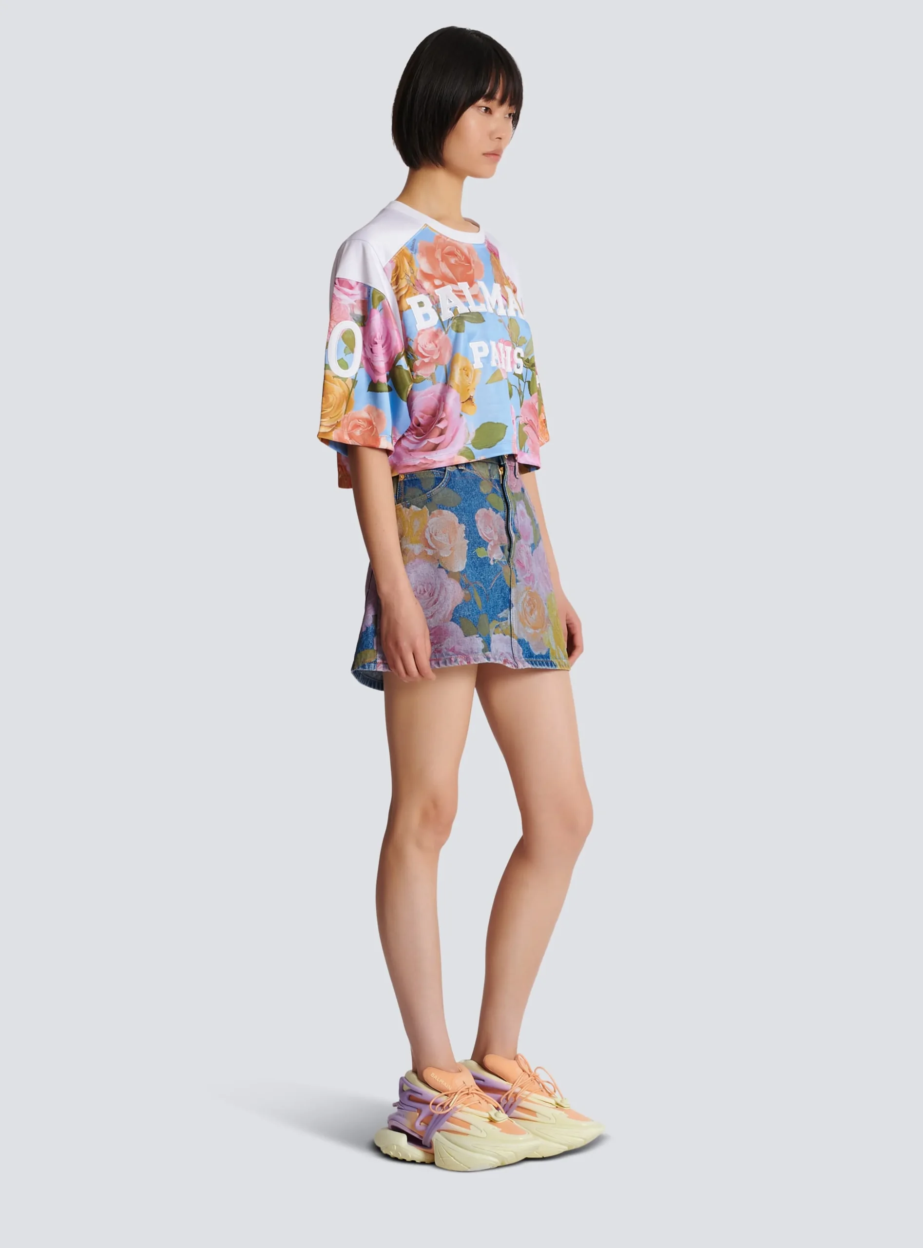 Baseball T-shirt With Pastel Roses Print-Balmain Cheap
