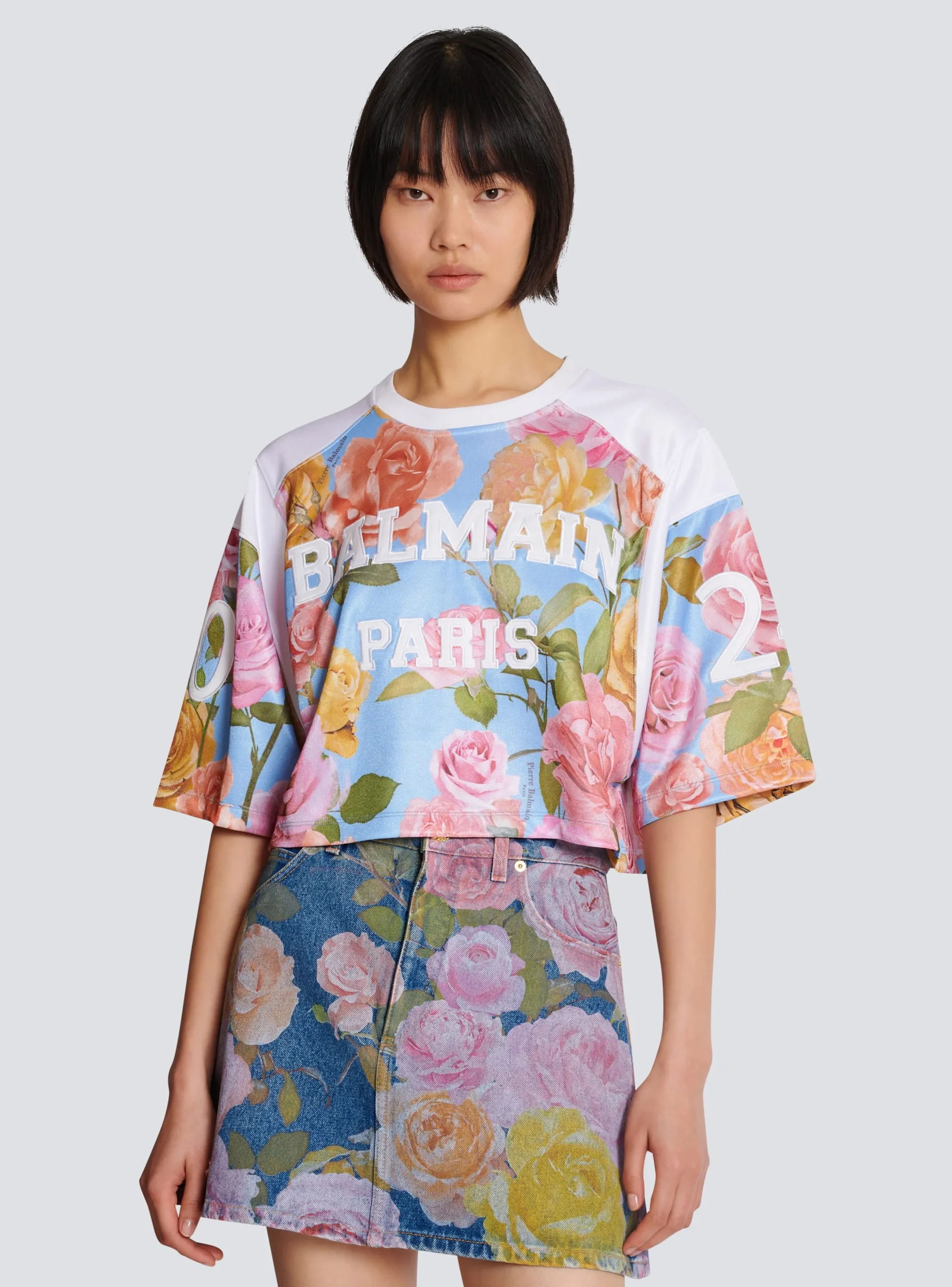 Baseball T-shirt With Pastel Roses Print-Balmain Cheap