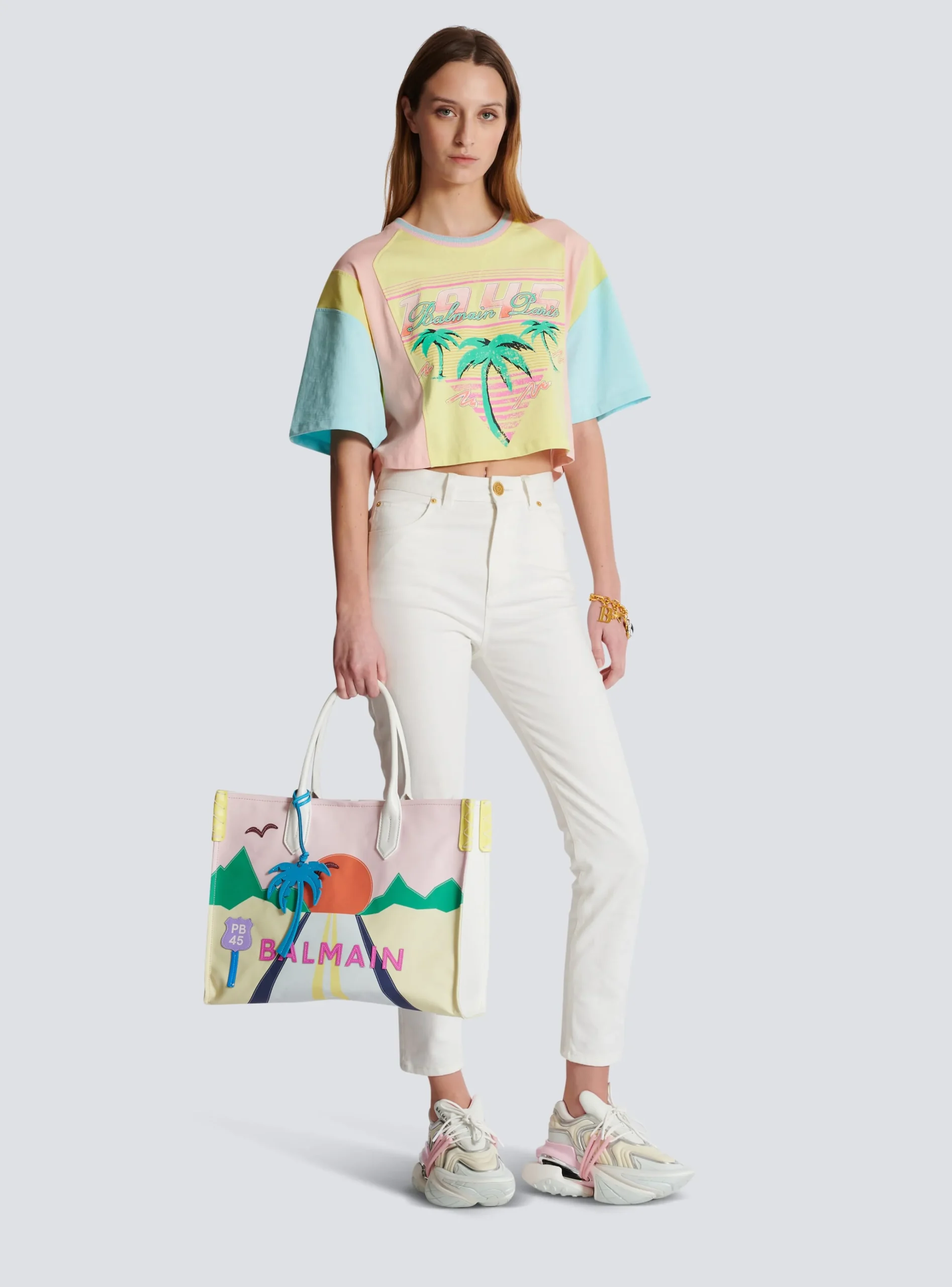 B-Army Shopper Medium Tote Bag In Canvas And Postcard Patchwork Leather-Balmain Cheap