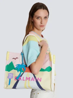 B-Army Shopper Medium Tote Bag In Canvas And Postcard Patchwork Leather-Balmain Cheap