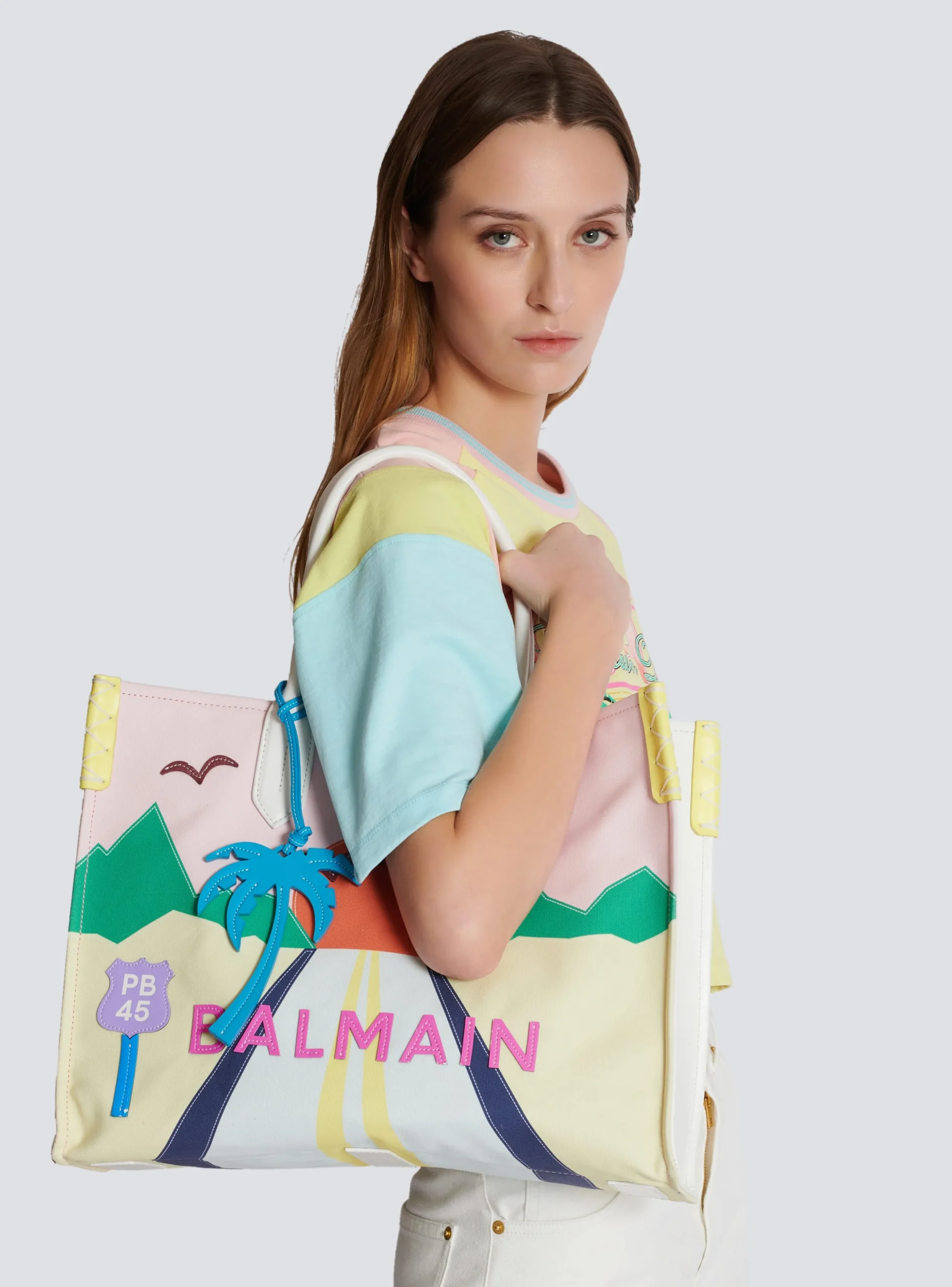 B-Army Shopper Medium Tote Bag In Canvas And Postcard Patchwork Leather-Balmain Cheap
