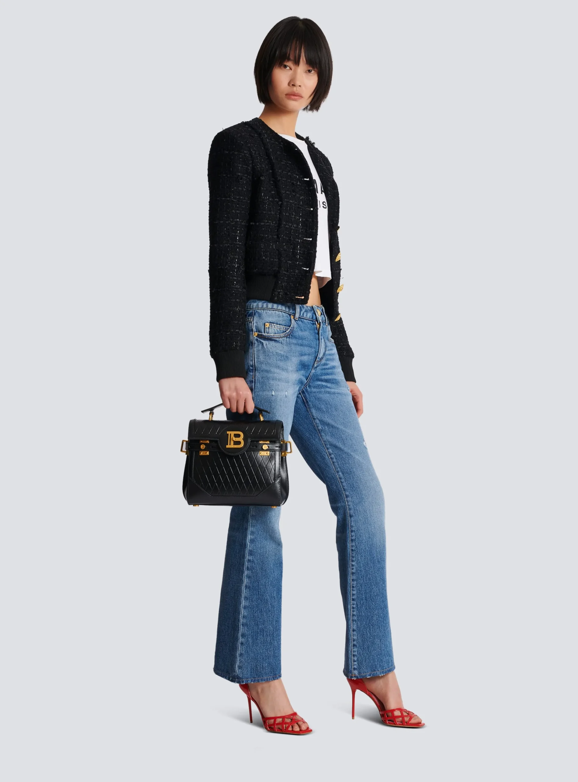 B-Buzz 23 Bag In Grid-embossed Calfskin-Balmain New