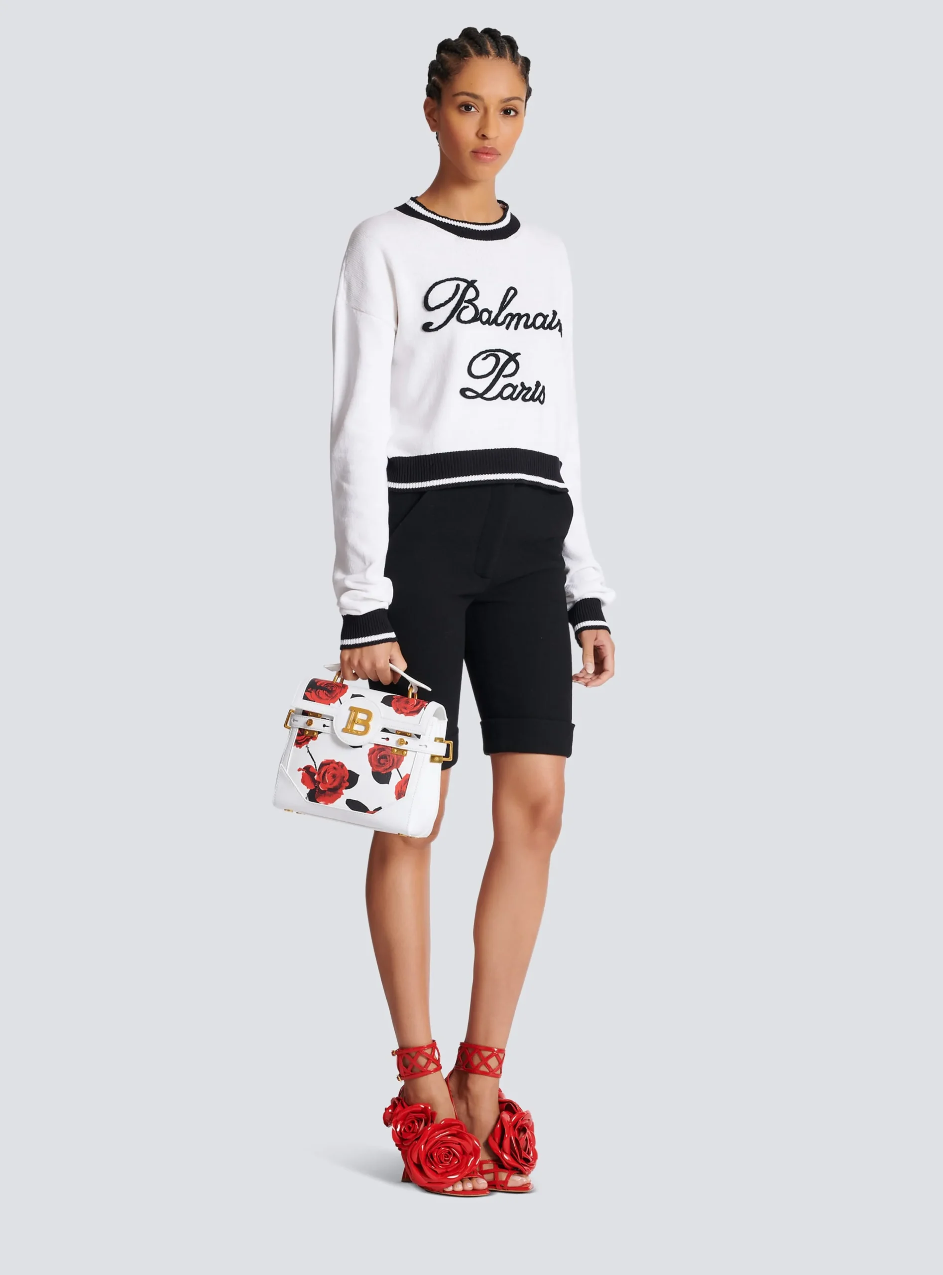 B-Buzz 23 Calfskin Bag With A Roses Print And Embossed Grid Motif-Balmain Flash Sale