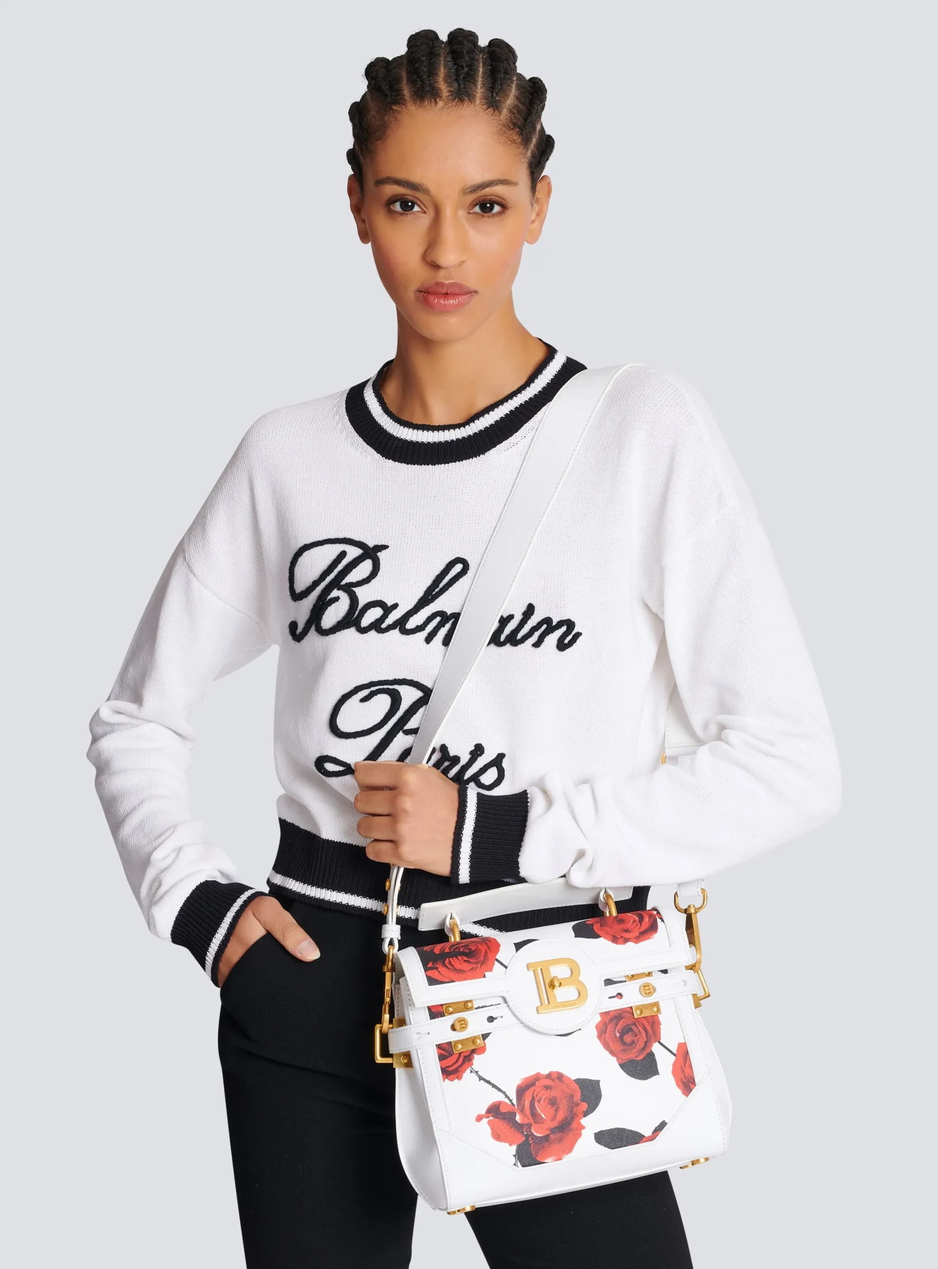 B-Buzz 23 Calfskin Bag With A Roses Print And Embossed Grid Motif-Balmain Flash Sale