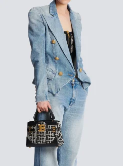 B-Buzz 22 Top Handle Bag In Leather With Jacquard Monogram-Balmain New