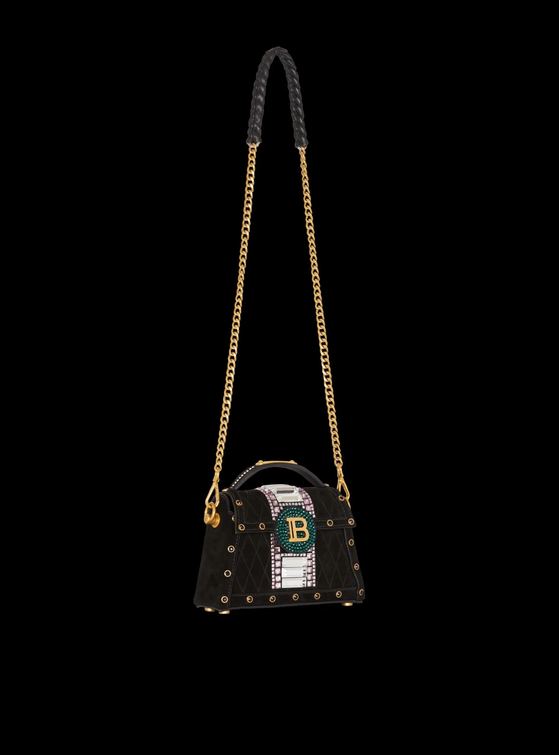 B-Buzz Dynasty Small Suede Bag With Embossed Grid Motif And Embroidery-Balmain New