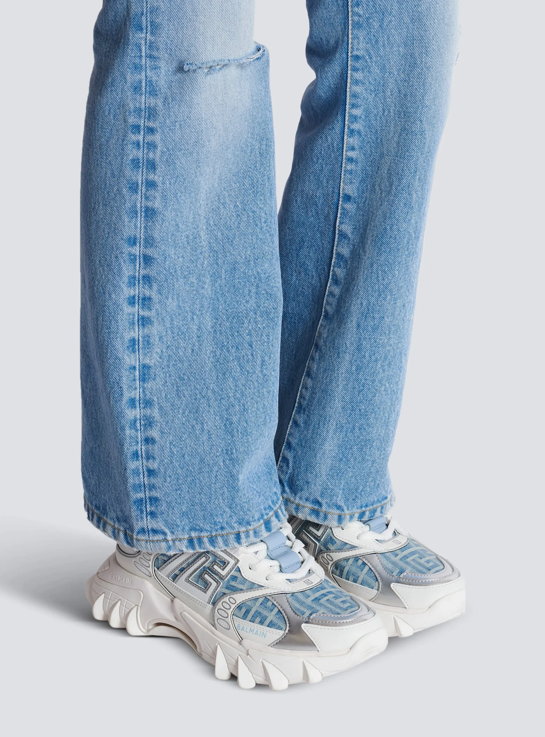 B-East Trainers In Monogrammed PB Labyrinth Denim-Balmain New
