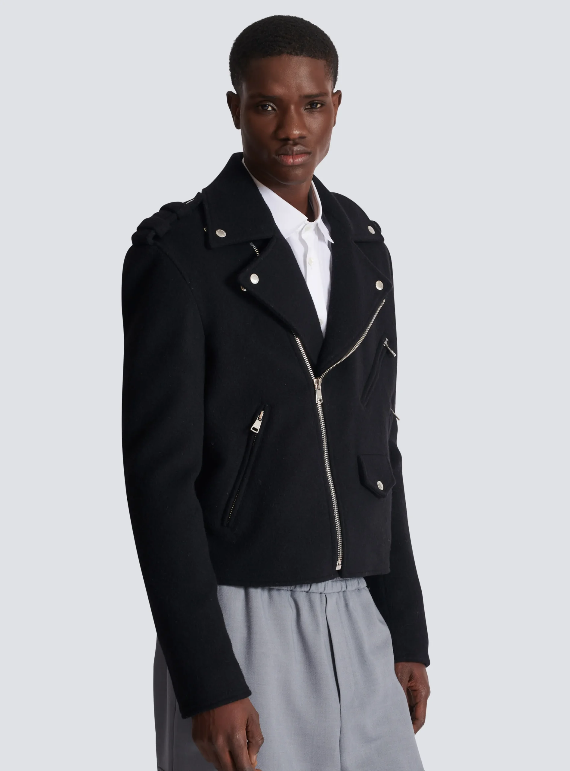 Biker Jacket In Felted Wool-Balmain Cheap