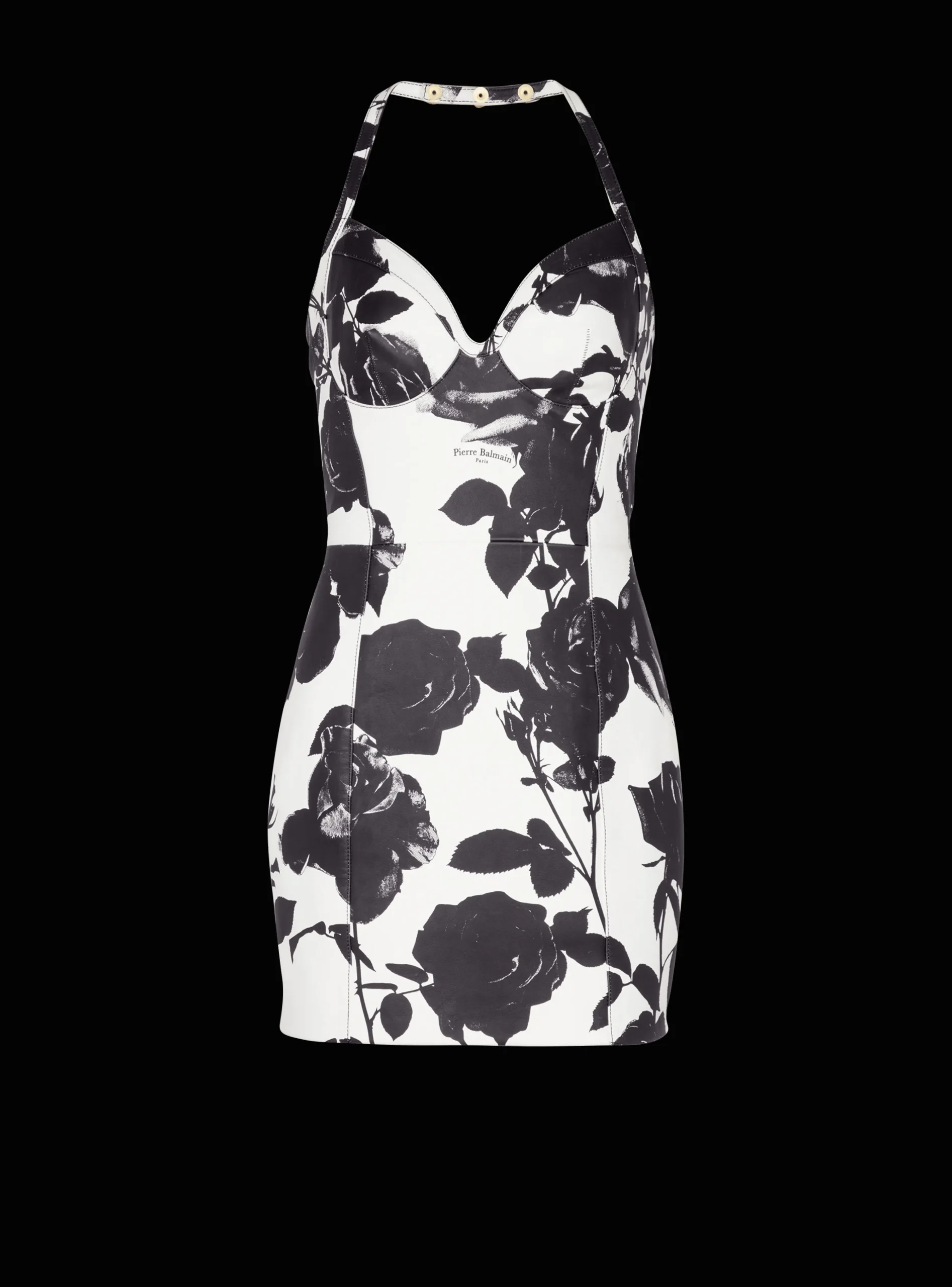 Black And Roses Leather Halterneck Dress-Balmain Fashion