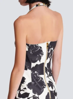 Black And Roses Leather Halterneck Dress-Balmain Fashion