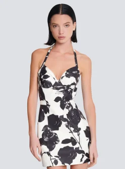 Black And Roses Leather Halterneck Dress-Balmain Fashion