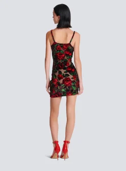 Burnout Velvet Dress With Rose Print-Balmain Store