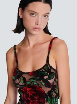 Burnout Velvet Dress With Rose Print-Balmain Store