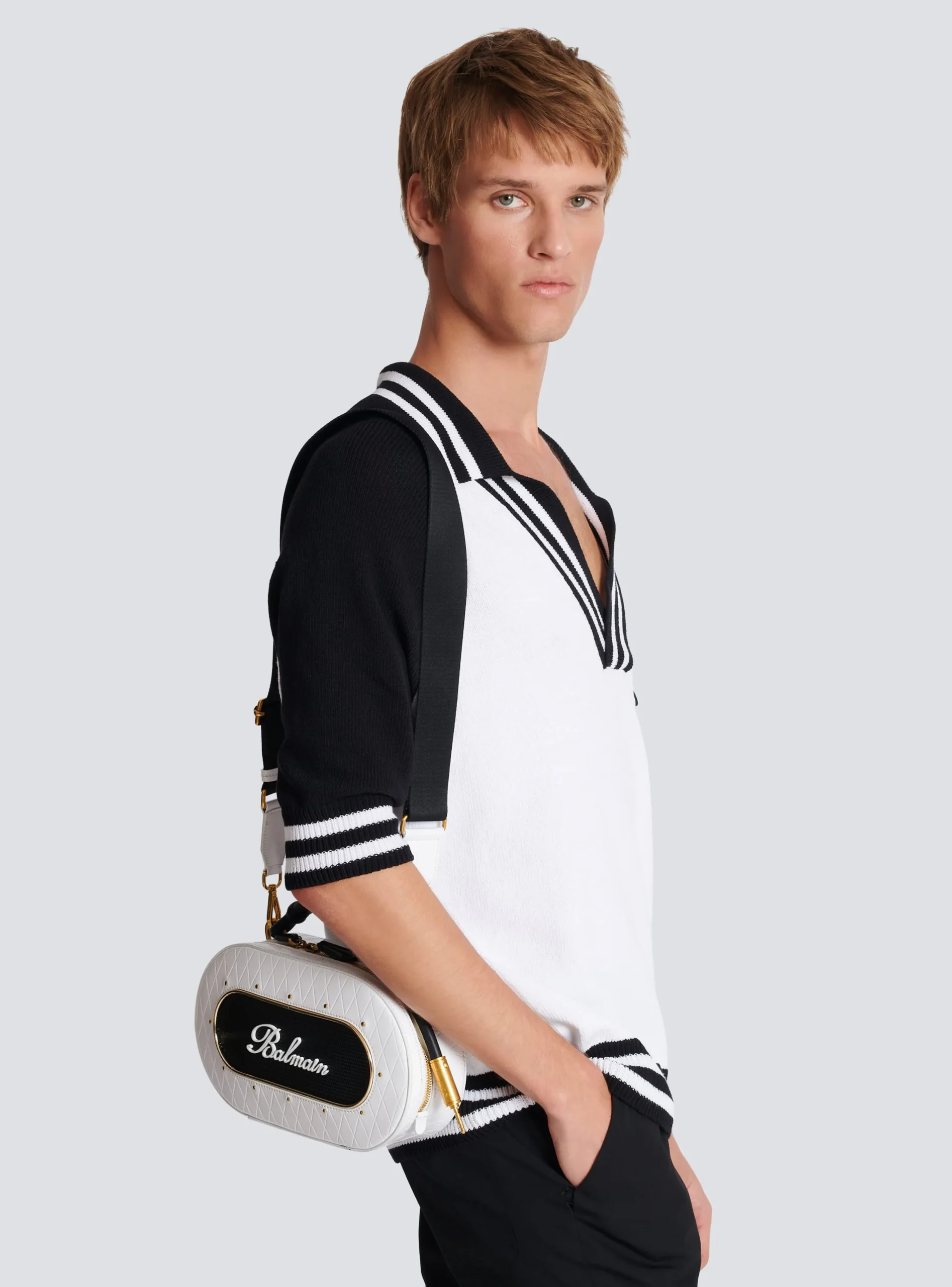 Calfskin Radio Bag With Signature And Embossed Grid Motif-Balmain Fashion