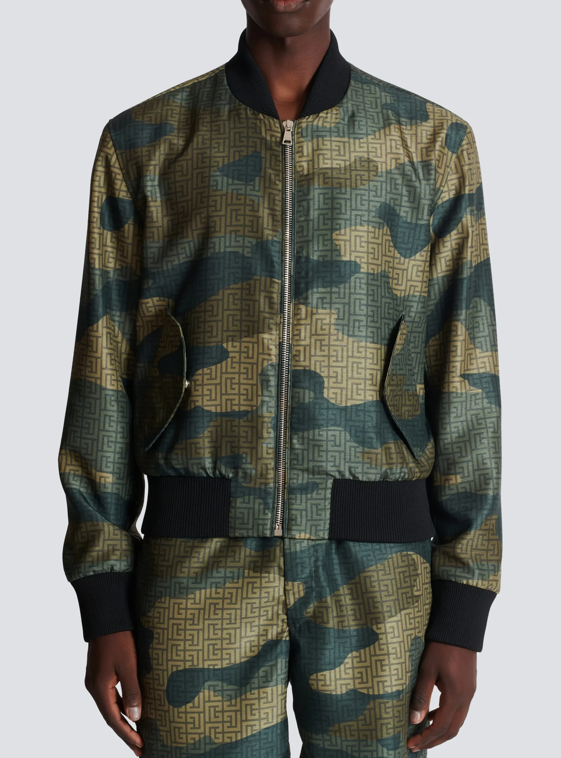 Camouflage Monogrammed Shantung Bomber Jacket-Balmain Outlet