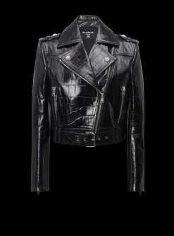Crocodile-effect Leather Biker Jacket-Balmain Sale