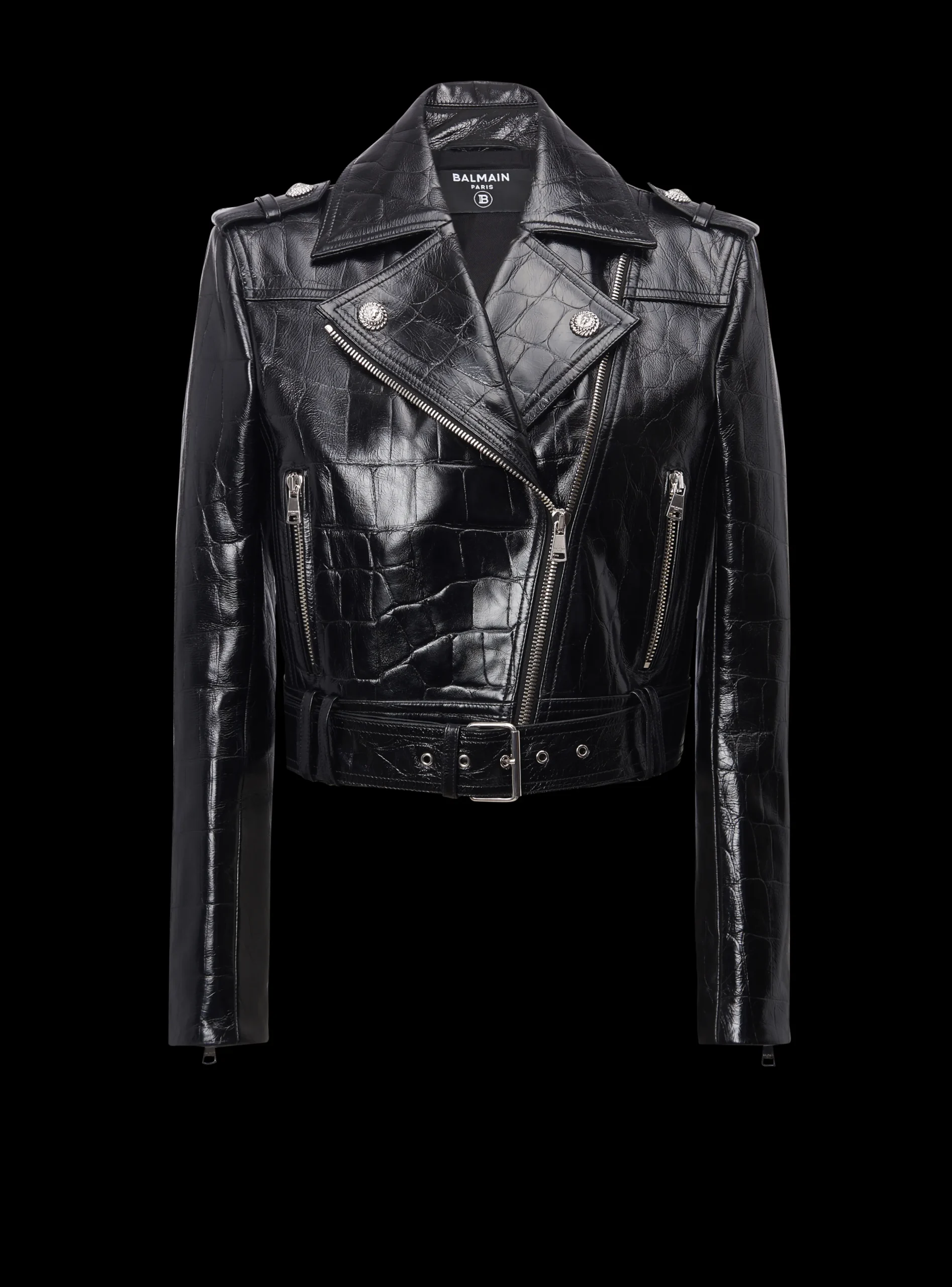 Crocodile-effect Leather Biker Jacket-Balmain Sale