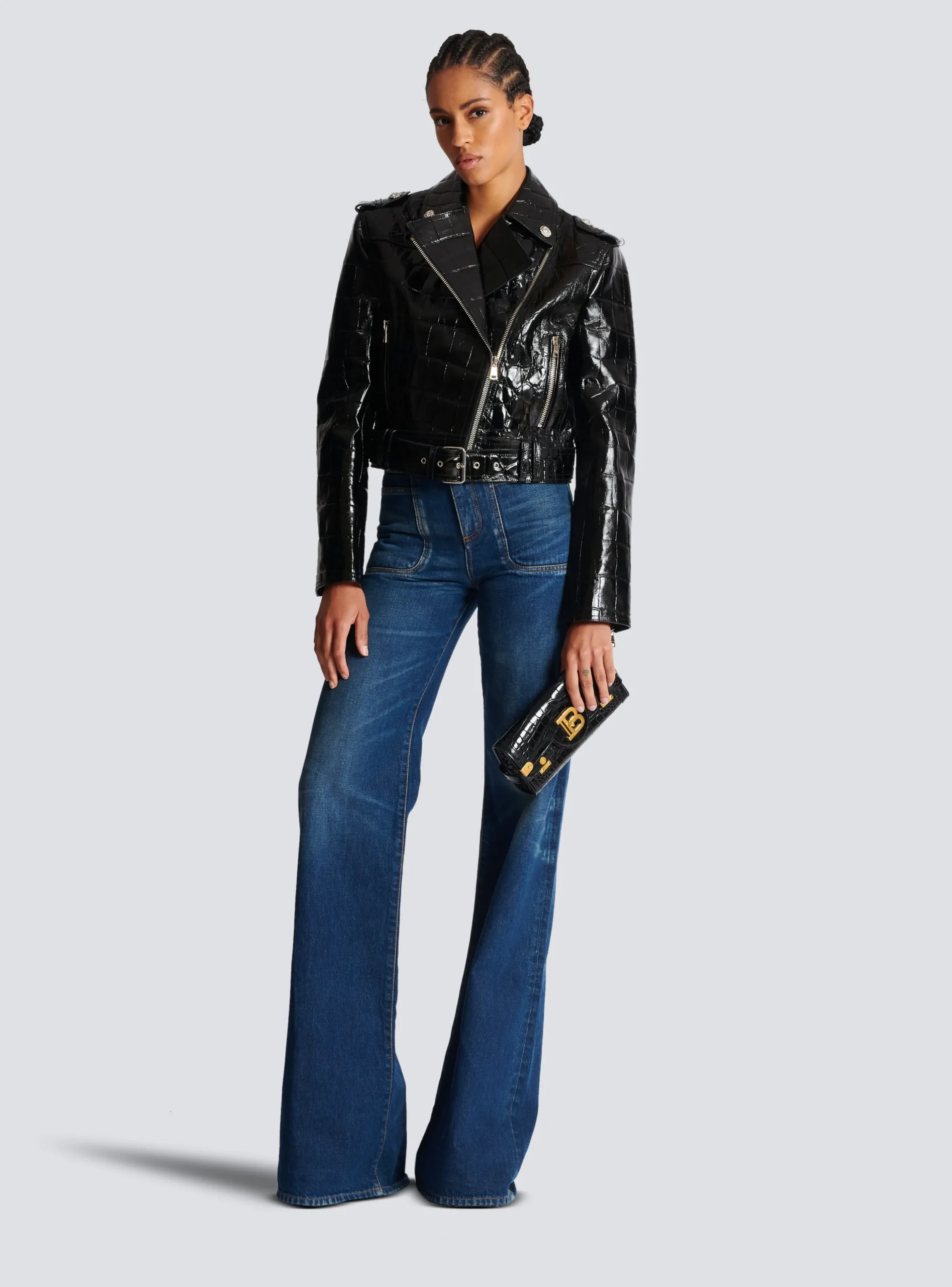 Crocodile-effect Leather Biker Jacket-Balmain Sale