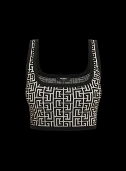 Cropped Bicolor Jacquard Sports Bra Top With Monogram-Balmain Best Sale