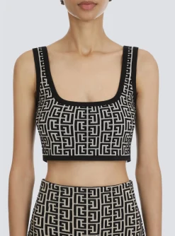 Cropped Bicolor Jacquard Sports Bra Top With Monogram-Balmain Best Sale