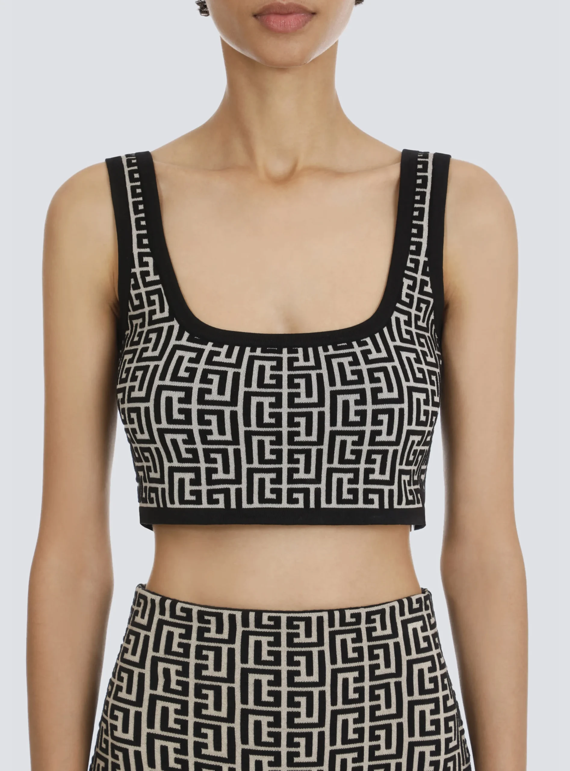 Cropped Bicolor Jacquard Sports Bra Top With Monogram-Balmain Best Sale