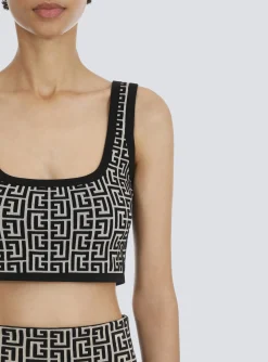 Cropped Bicolor Jacquard Sports Bra Top With Monogram-Balmain Best Sale