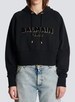 Cropped Cotton Sweatshirt With Flocked Metallic Logo-Balmain Best