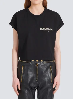 Cropped Cotton T-shirt With Small Embroidered Logo-Balmain Clearance