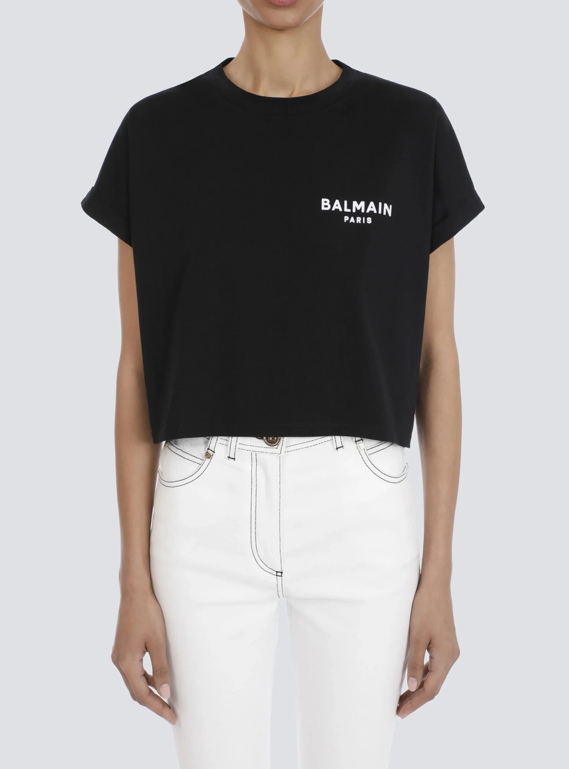 Cropped Eco-designed Cotton T-shirt With Small Flocked Logo-Balmain Cheap
