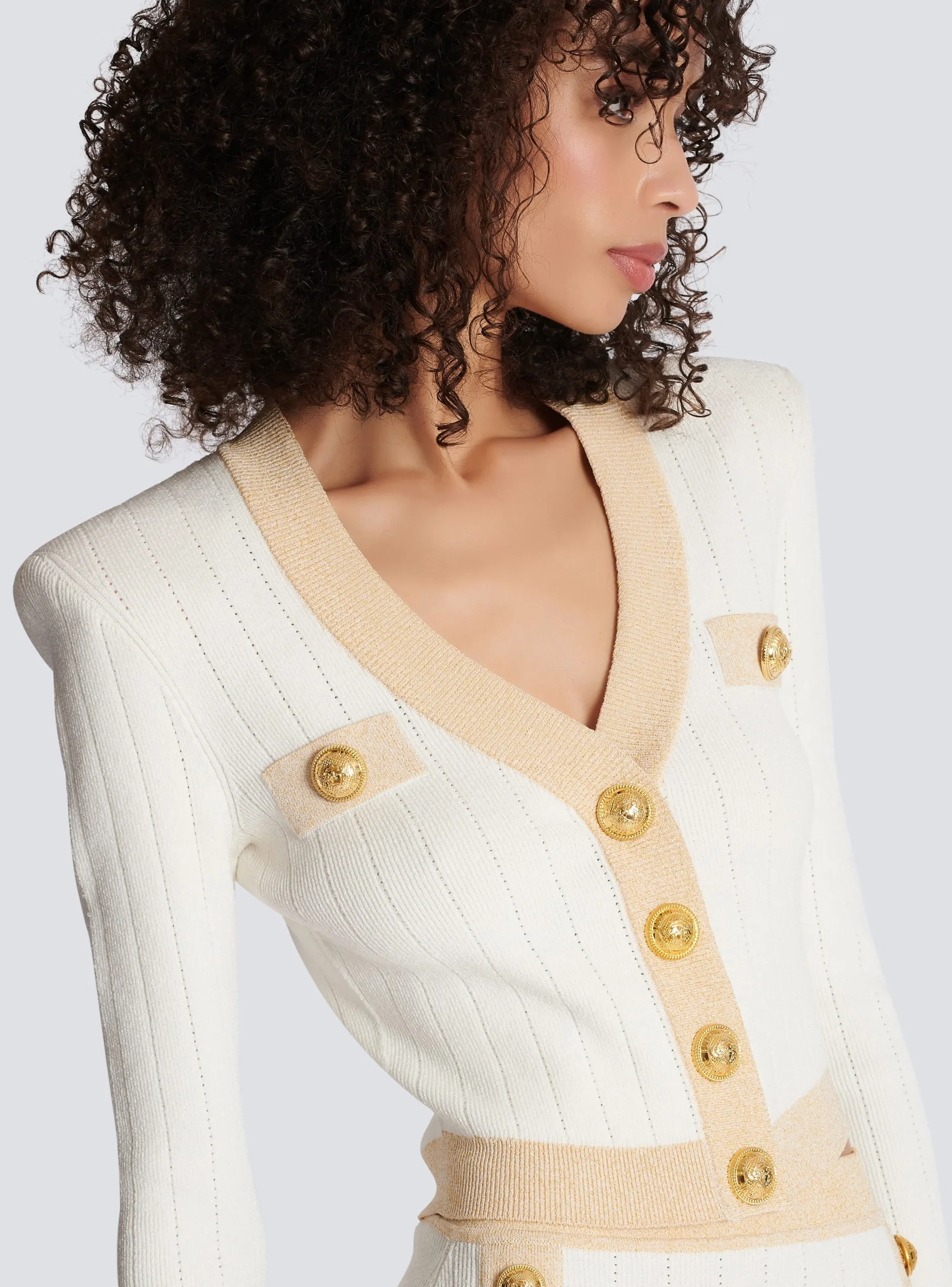 Cropped Knit Cardigan With Gold Trim-Balmain Clearance