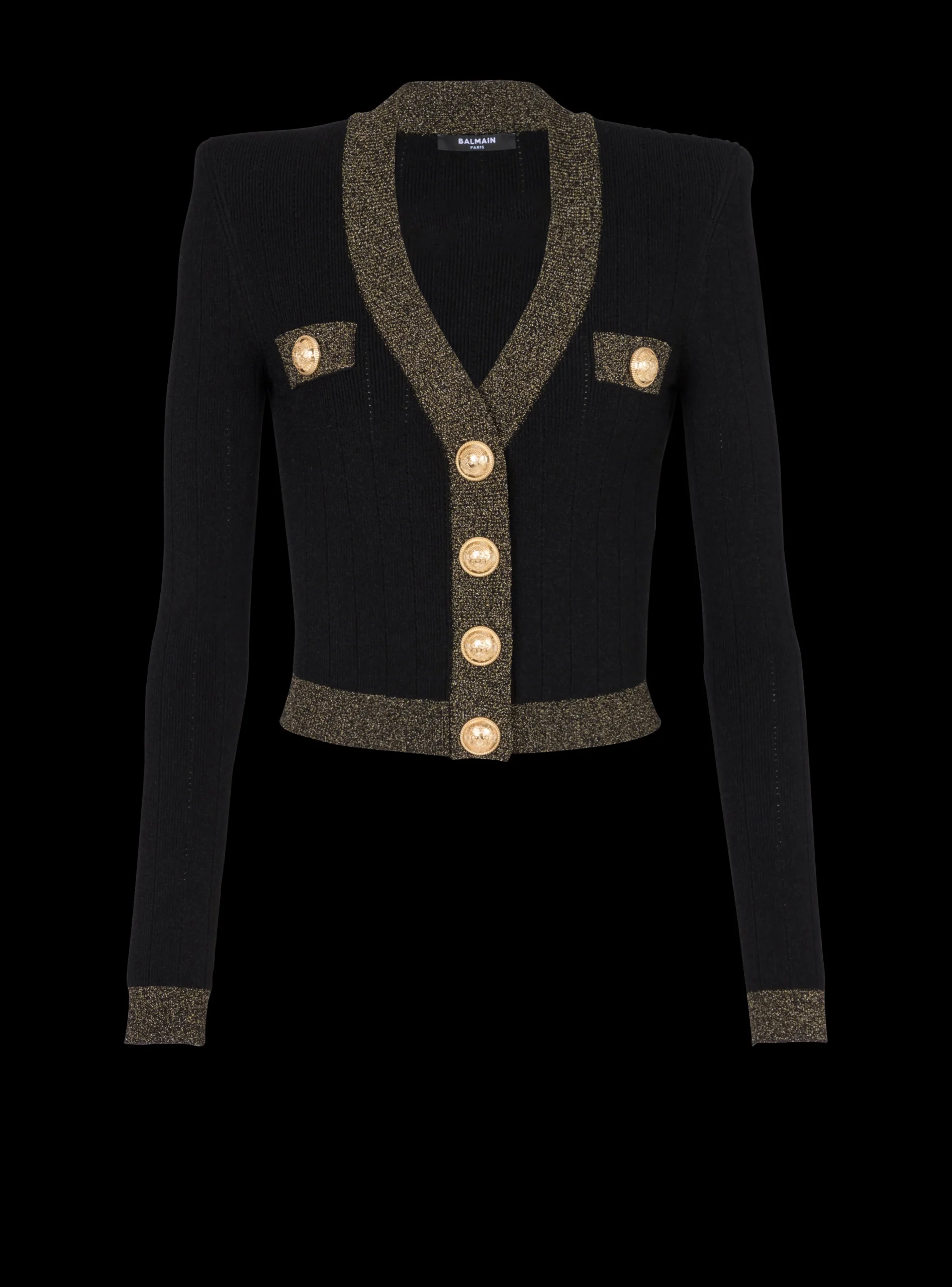 Cropped Knit Cardigan With Gold Trim-Balmain Cheap