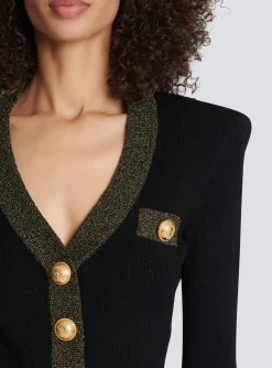 Cropped Knit Cardigan With Gold Trim-Balmain Cheap