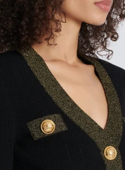 Cropped Knit Cardigan With Gold Trim-Balmain Cheap