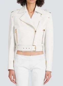 Cropped Leather Biker Jacket-Balmain Discount