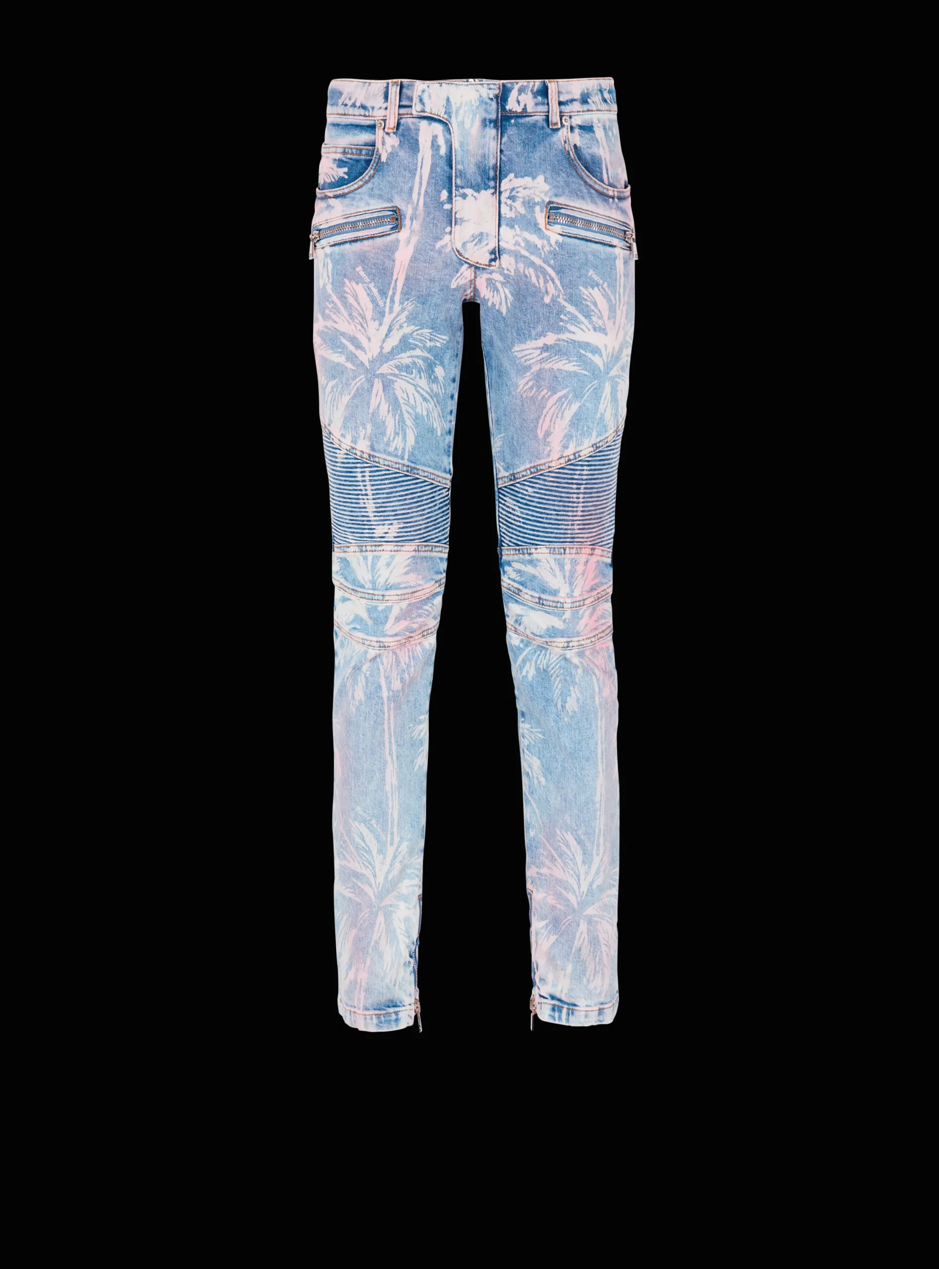 Denim Biker Jeans With A Palm Tree Print-Balmain Flash Sale