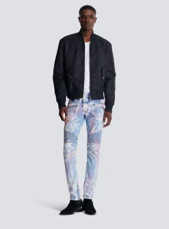 Denim Biker Jeans With A Palm Tree Print-Balmain Flash Sale