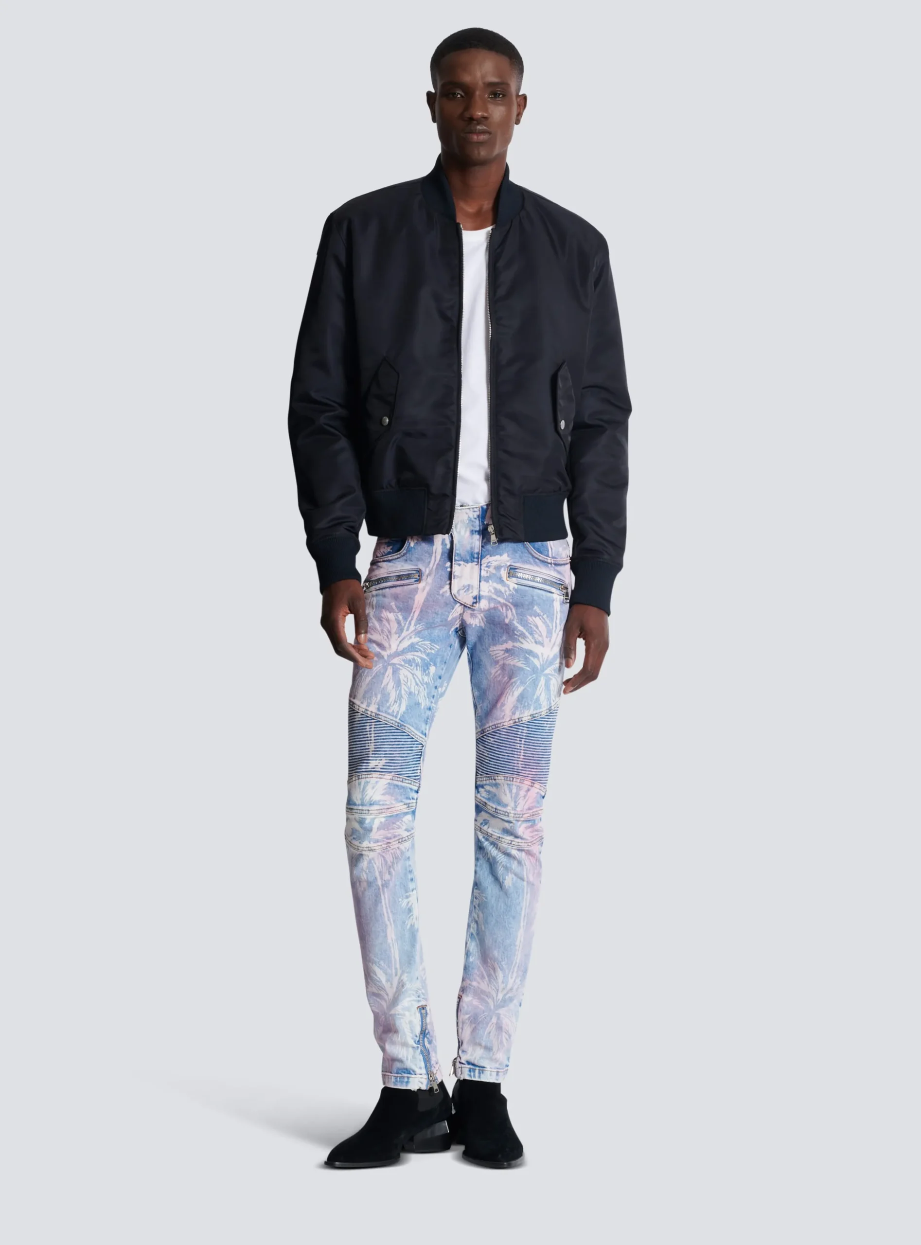 Denim Biker Jeans With A Palm Tree Print-Balmain Flash Sale