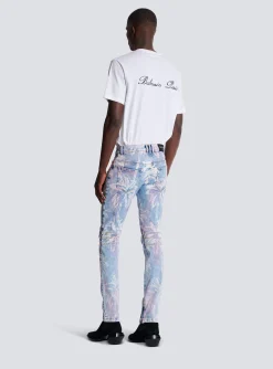Denim Biker Jeans With A Palm Tree Print-Balmain Flash Sale
