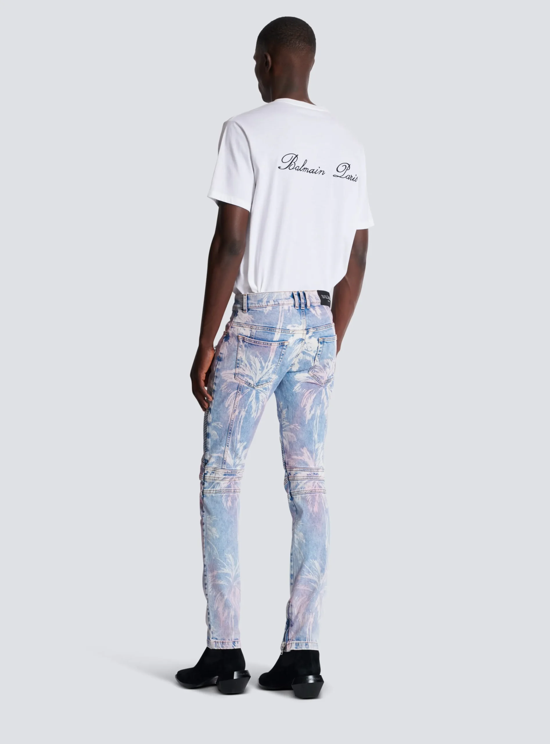 Denim Biker Jeans With A Palm Tree Print-Balmain Flash Sale