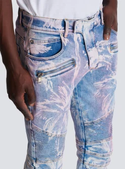 Denim Biker Jeans With A Palm Tree Print-Balmain Flash Sale