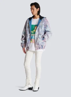 Denim Hooded Bomber Jacket With Palm Tree Print-Balmain New