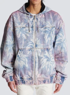 Denim Hooded Bomber Jacket With Palm Tree Print-Balmain New