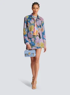 Denim Jacket With Pastel Roses Print-Balmain Sale