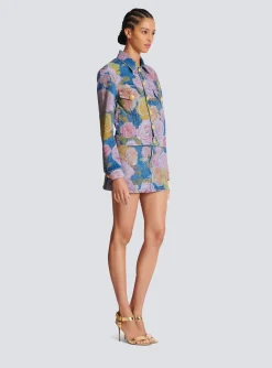 Denim Jacket With Pastel Roses Print-Balmain Sale
