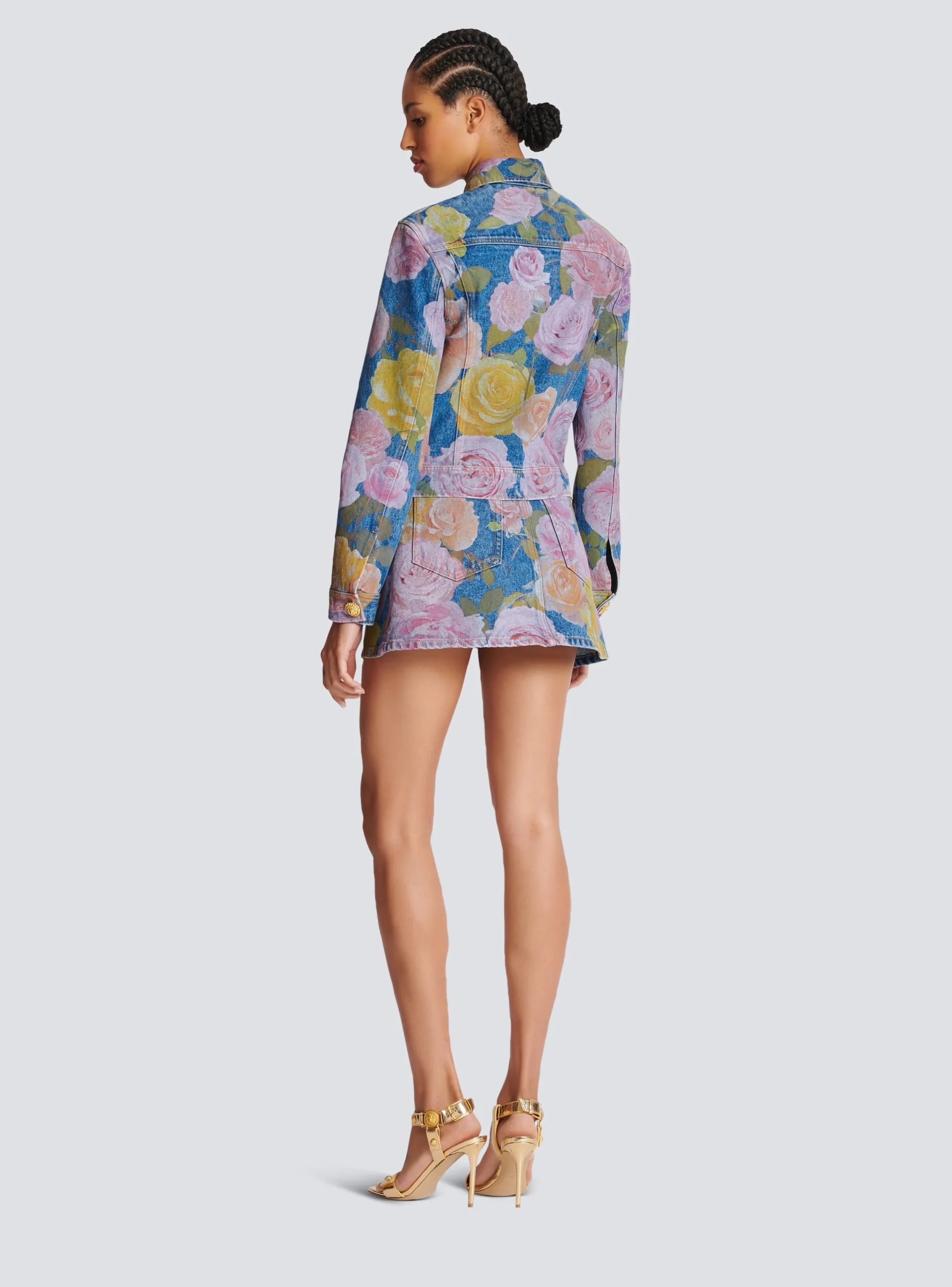 Denim Jacket With Pastel Roses Print-Balmain Sale