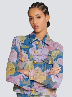 Denim Jacket With Pastel Roses Print-Balmain Sale