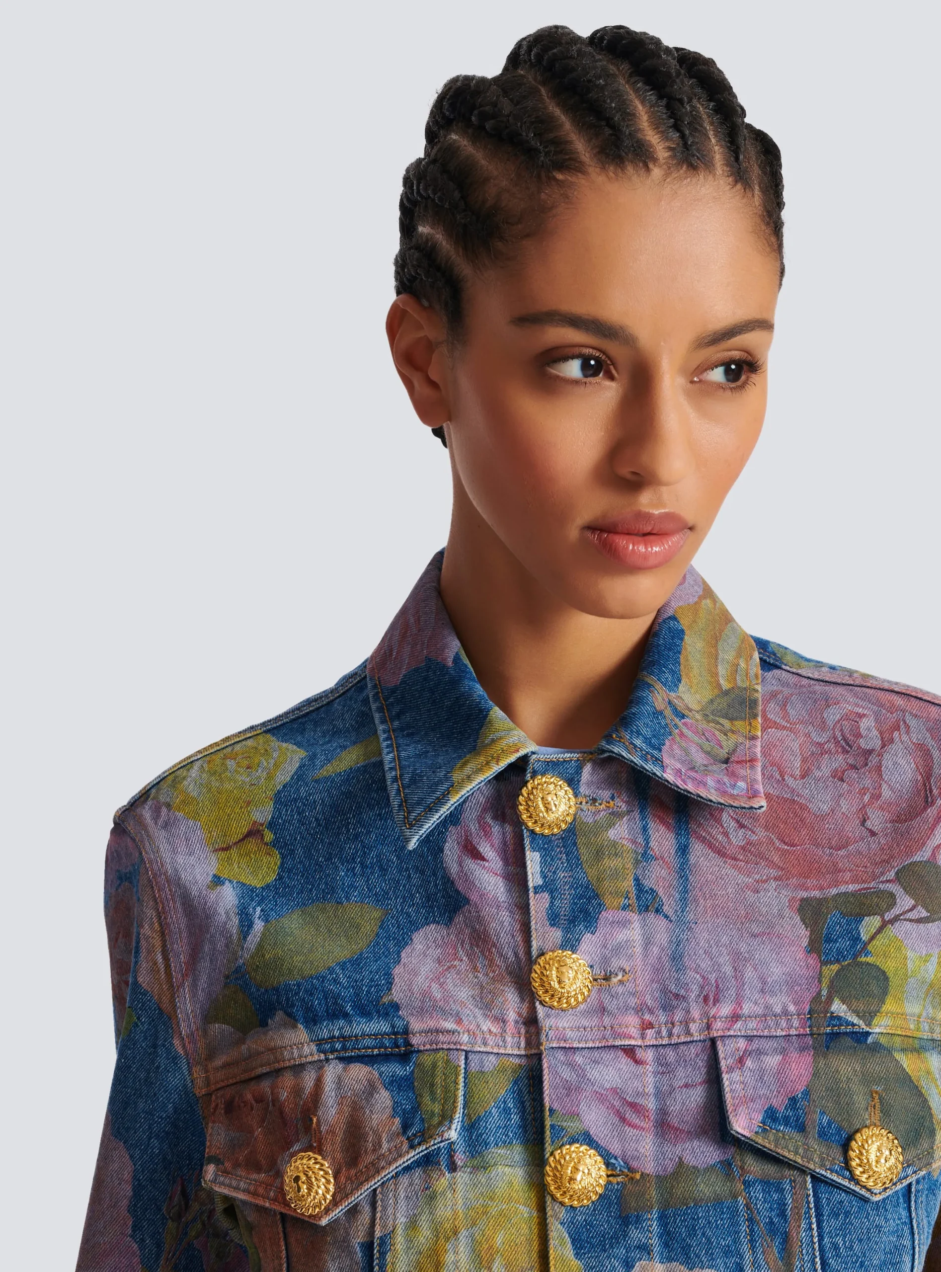 Denim Jacket With Pastel Roses Print-Balmain Sale