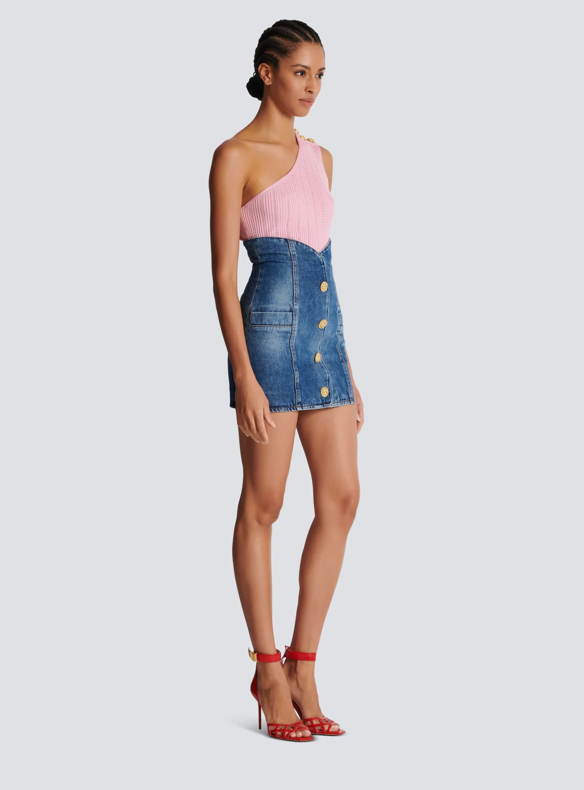 Denim Tulip Skirt With Buttons-Balmain Store
